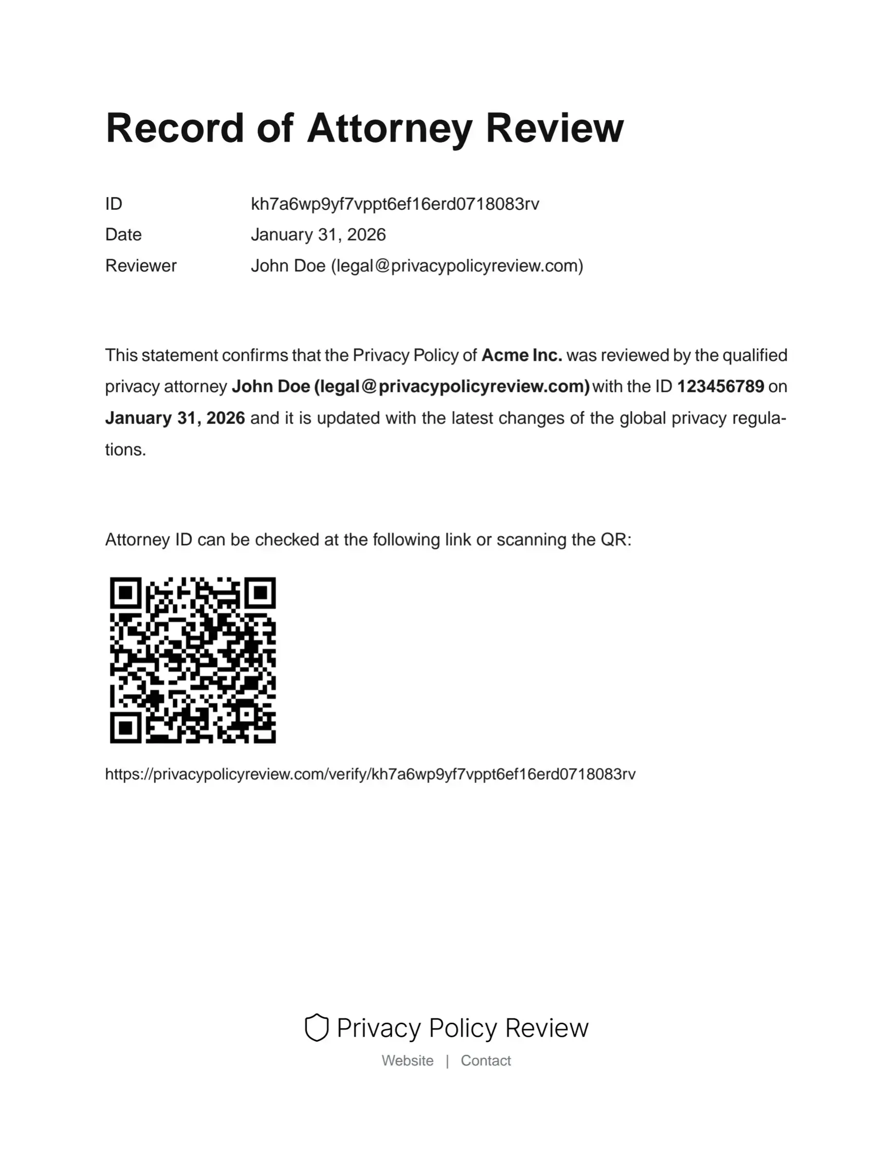 Record of Attorney Review — a signed PDF document confirming your privacy policy has been reviewed